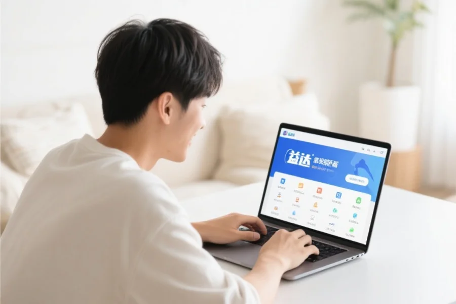 一位年轻用户在明亮舒适的室内环境中愉快地使用笔记本电脑,屏幕上展示盛世客户端新版界面